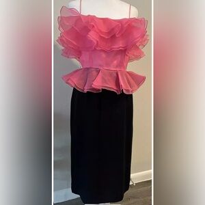 Vintage 70’s William Pearson Hot Pink Ruffle Chiffon Black Cocktail Party Dress